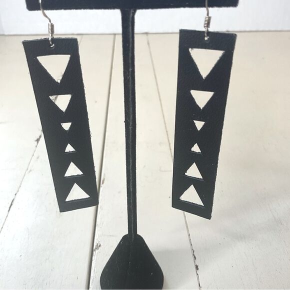 LEATHER Earrings Handmade Rectangle Black Triangle Cutouts - Picture 2 of 4